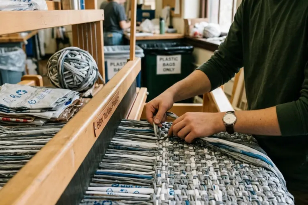 Person weaving a mat from recycled plastic bags on a wooden loom, with more plastic bags and recycling bins visible in the background.