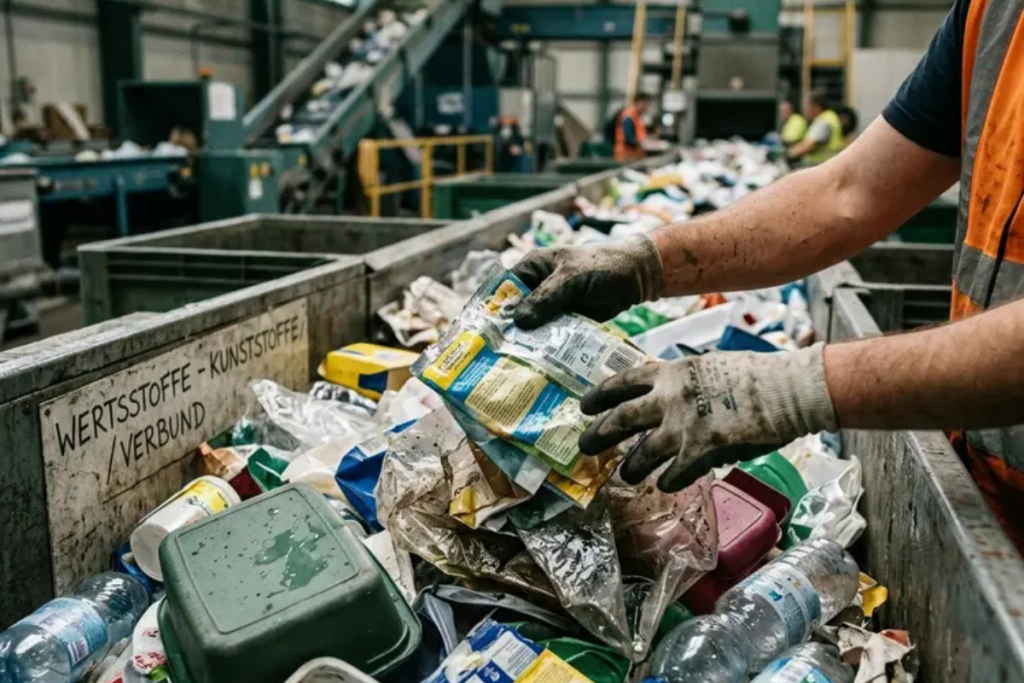 A worker wearing gloves sorts plastic and packaging waste on a conveyor belt at a recycling facility.