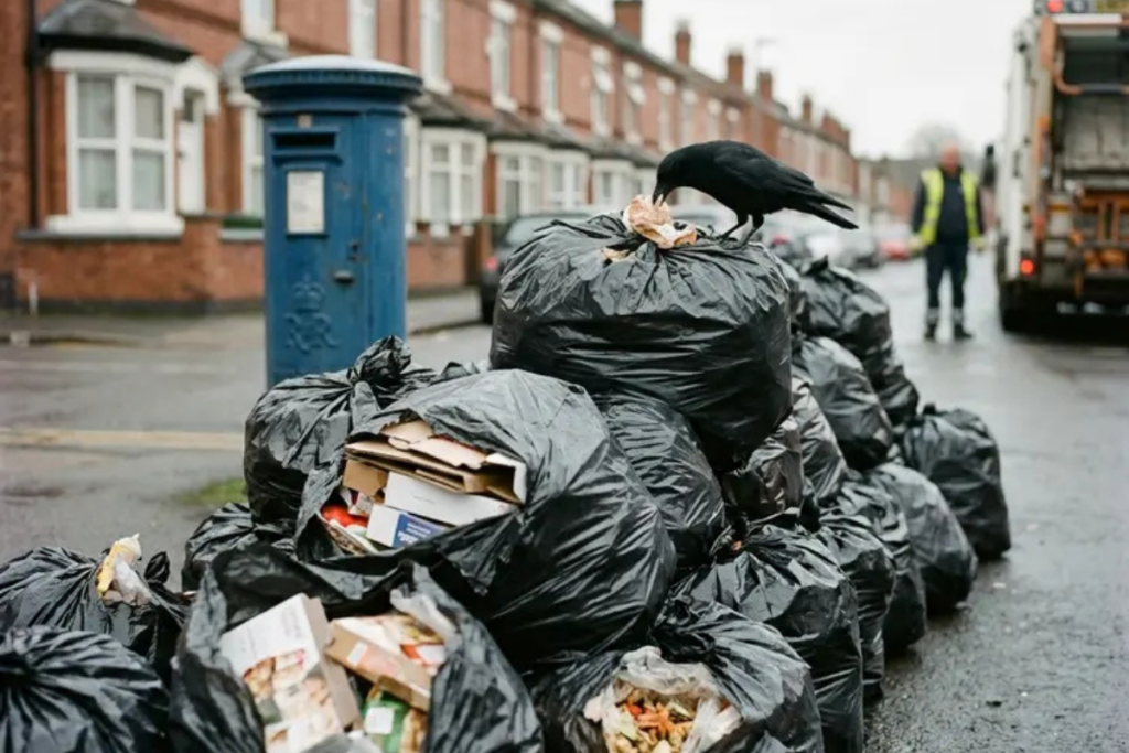 A row of black garbage bags piled on a street, with a crow pecking at food scraps; a blue mailbox and a garbage truck are visible in the background.