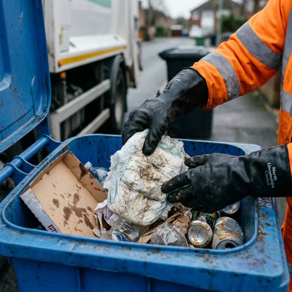 A person wearing gloves and an orange jacket removes a dirty diaper from a recycling bin filled with cans, cardboard, and trash next to a garbage truck on a residential street.