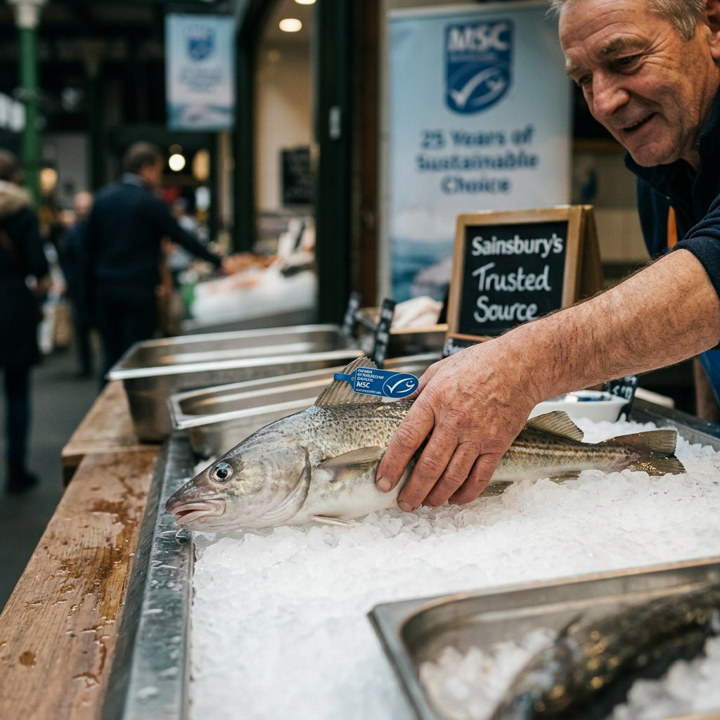 A man smiles while placing a whole fish with an MSC certification tag on ice at a seafood market stall, with a sustainable seafood sign in the background.