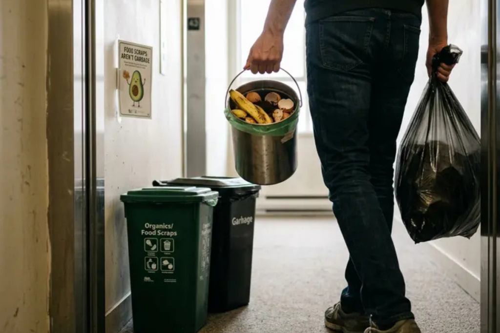 A person carries a bucket of food scraps and a bag of garbage toward labeled compost and trash bins in a hallway.