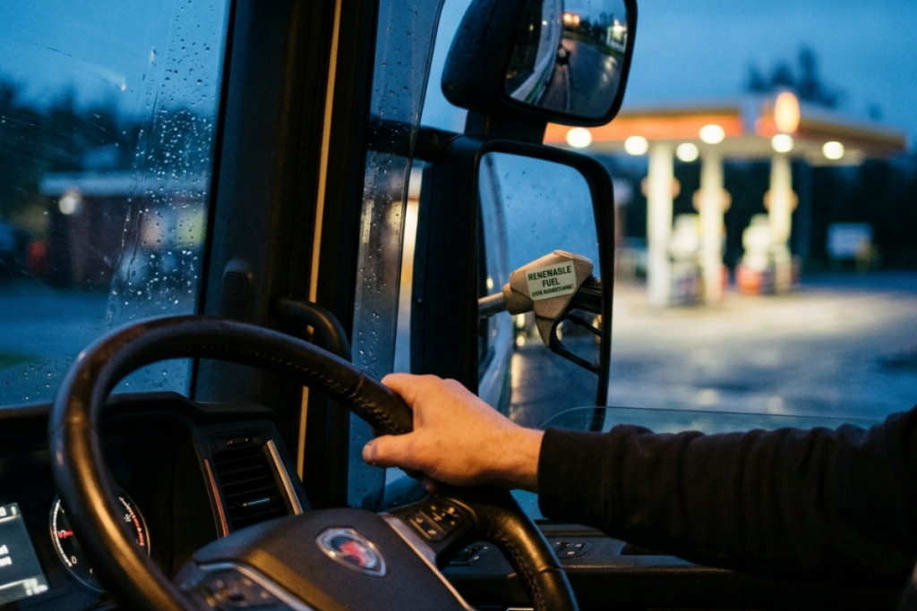 A person drives a vehicle near a gas station at dusk, with a side mirror reflecting a label reading "renewable fuels," highlighting the growing shift toward cleaner energy for UK trucks.